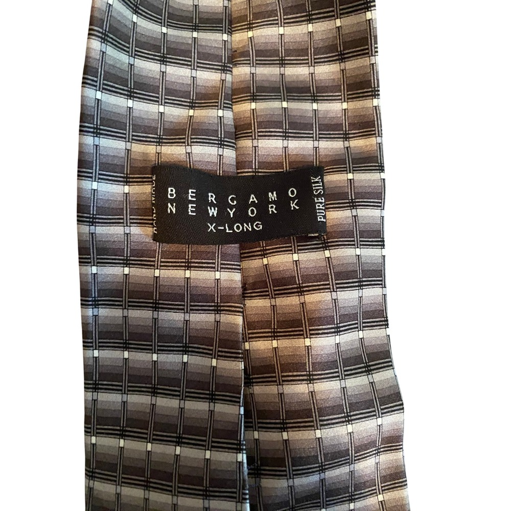 Bergamo New York Mens X-Long Silk Tie Grey Silver Plaid‎ Geometric Necktie 2546
